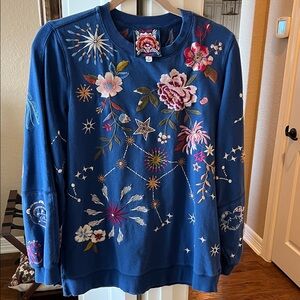 Johnny Was Blue Top with Floral Embroidery